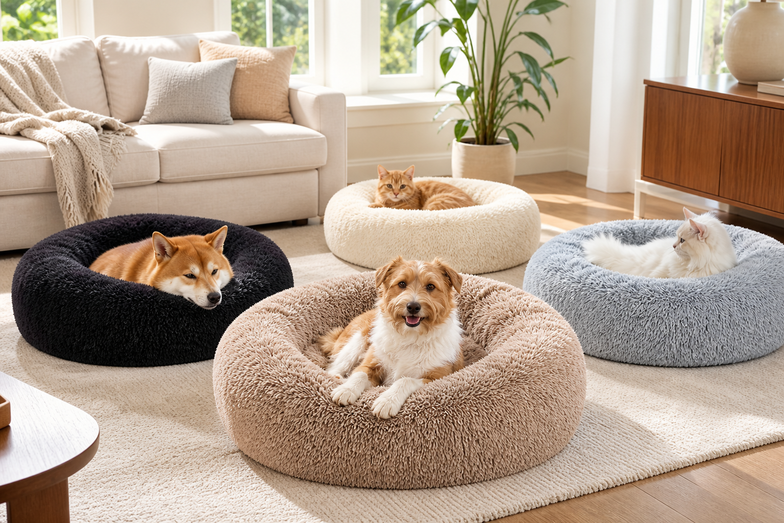 Multiple donut pet beds with dogs and cats