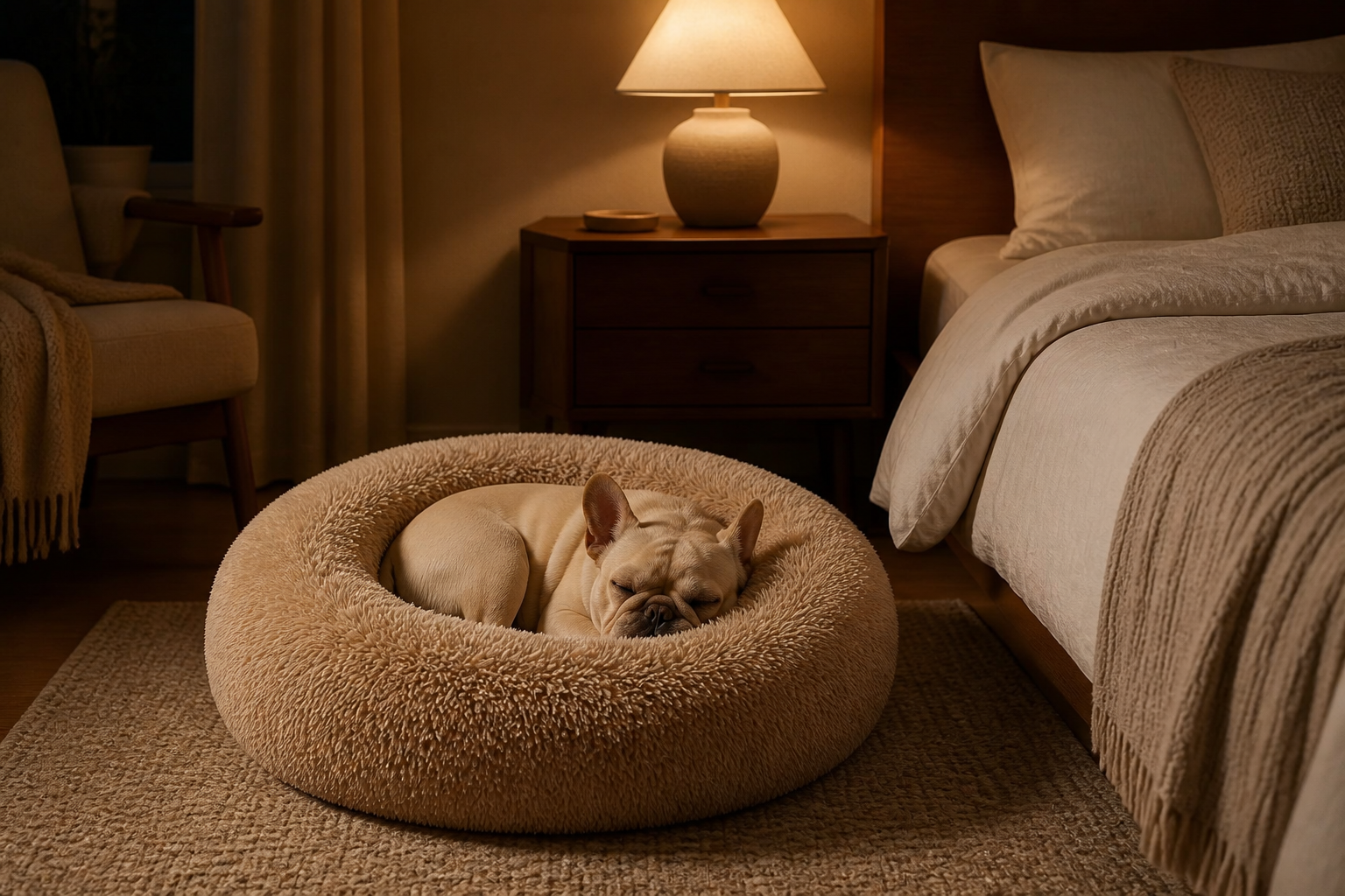 Dog sleeping in camel donut pet bed at night