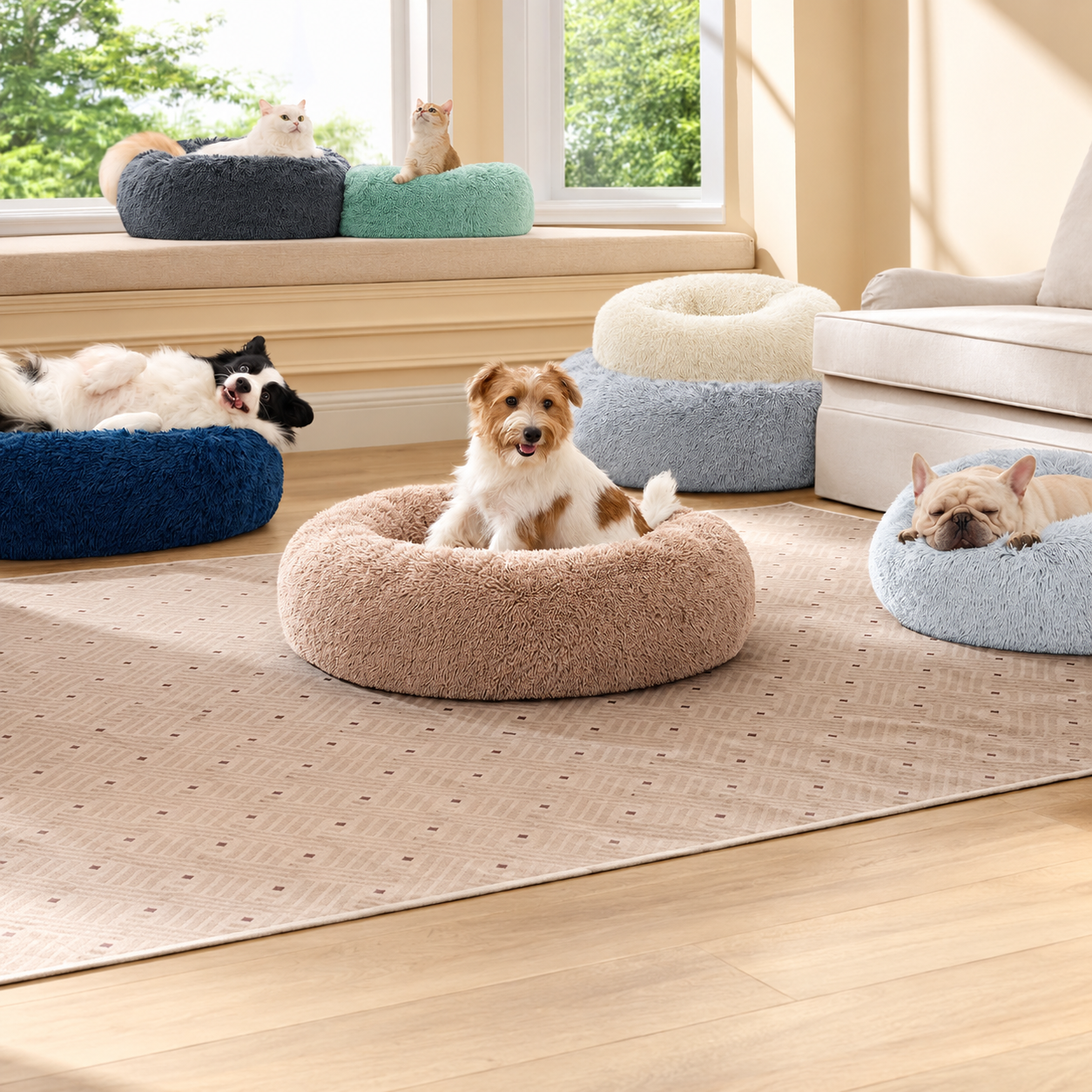 Pet beds arranged in bright living room