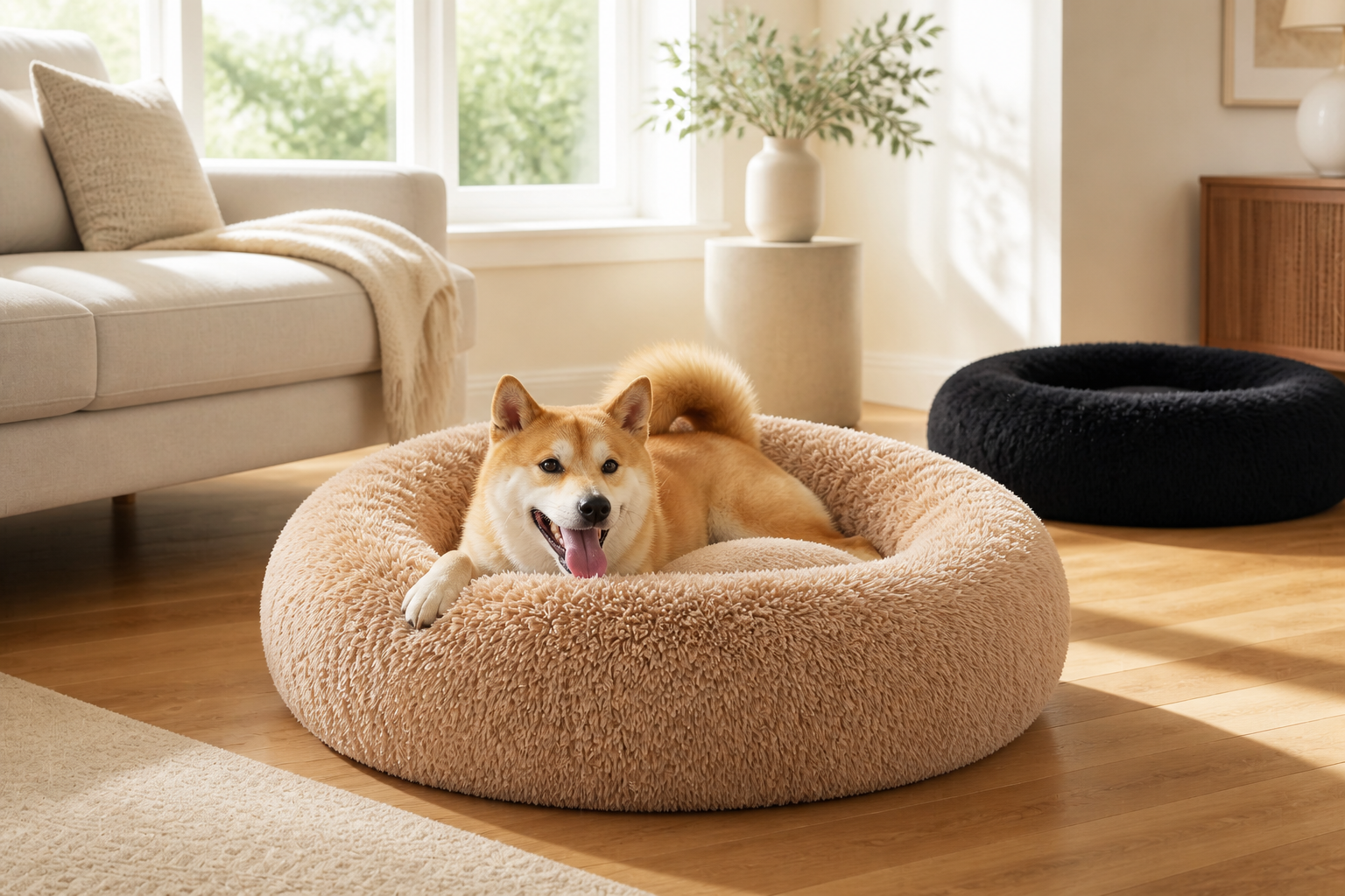 Camel donut pet bed in premium living room